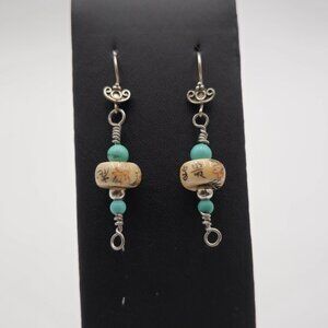 Sterling Silver Asian Writing Glass And Stone Earrings A1888
